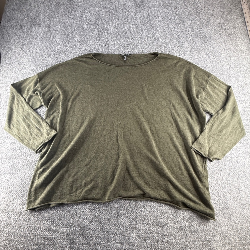 Eileen Fisher Olive Green Boat Neck Oversized Knit Top XL Drop Shoulder Pullover